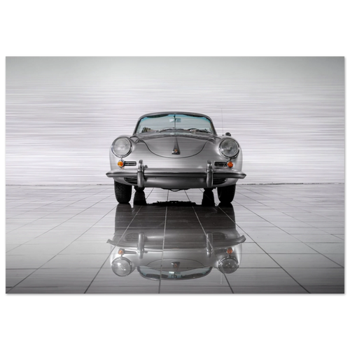 Silver Porsche 356 fine art photograph printed on aluminium, shown from the front with a reflection on a polished floor.